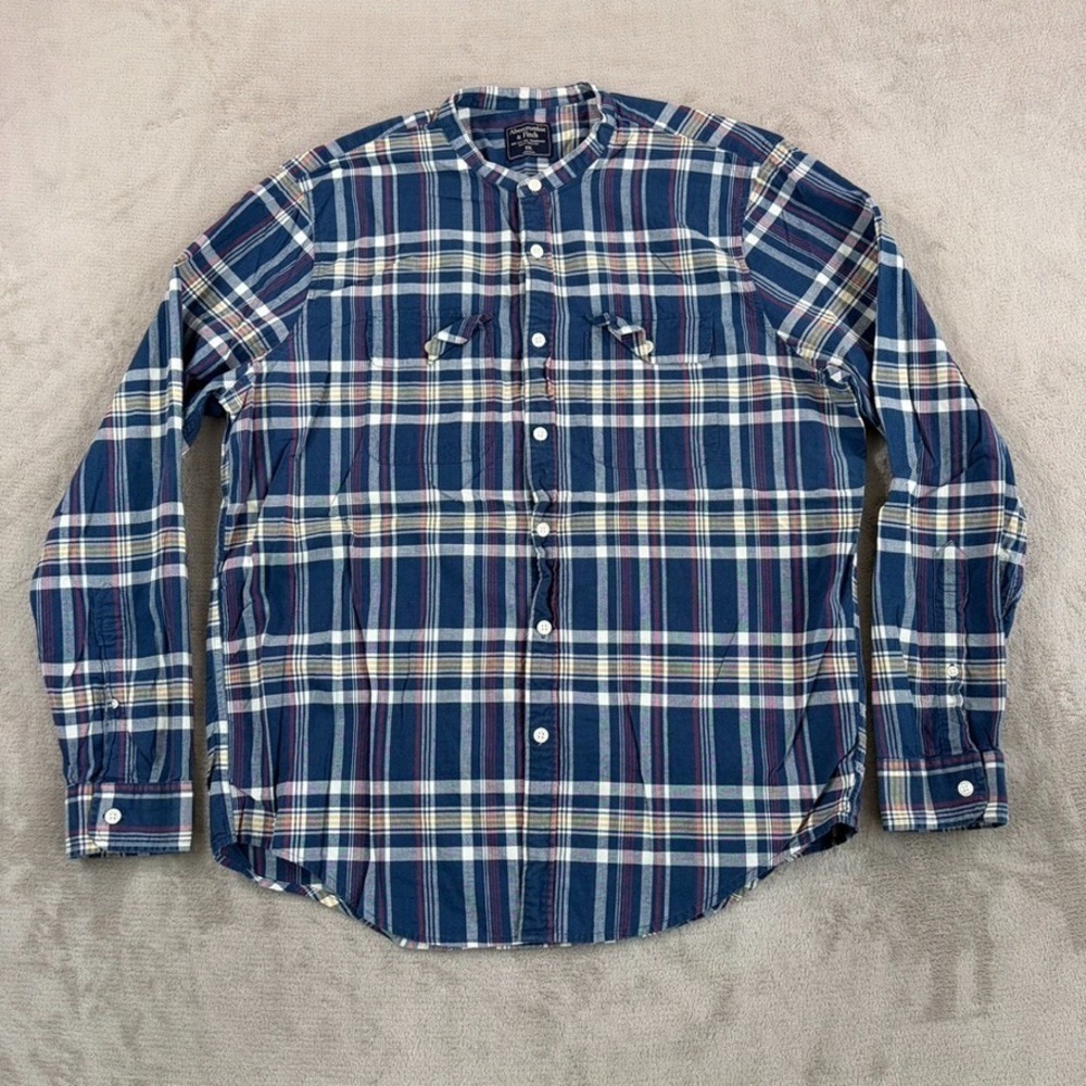 Abercrombie & Fitch Blade Mandarin Collar Shirt in Blue Plaid Men 2XL Preppy